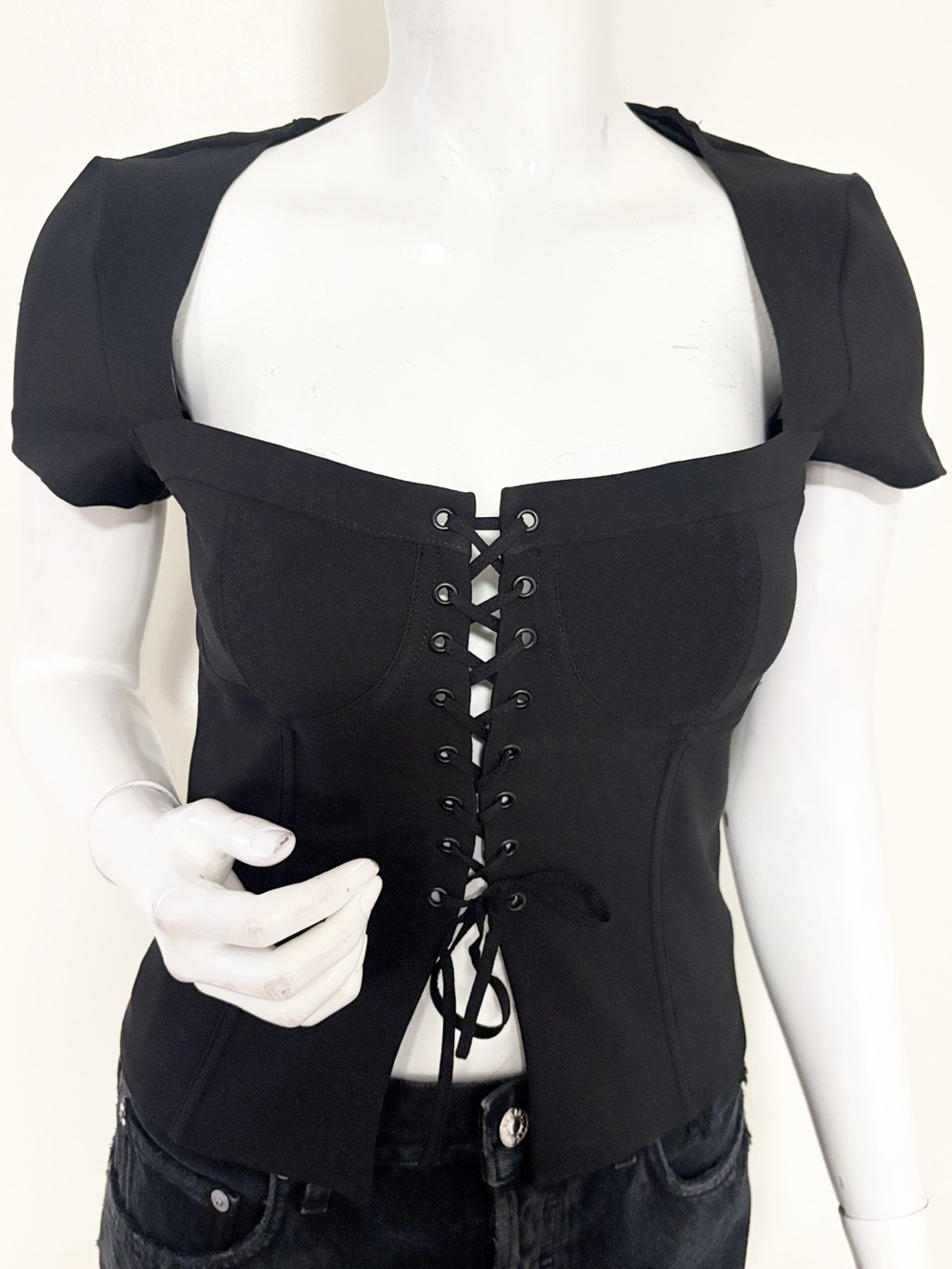 NWOT I.AM.GIA Black Lace-Up Square Neck Short Sleeve Bustier Corset Style Top